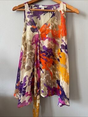 Trinity Silk Floral A-Line Top in Orange, Purple, Yellow, Tan